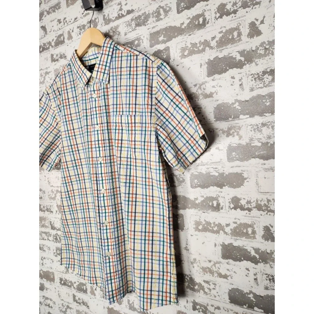 Banana Republic Seersucker Shirt Men‎ Sz Large Stripe Button Short Sleeve Casual